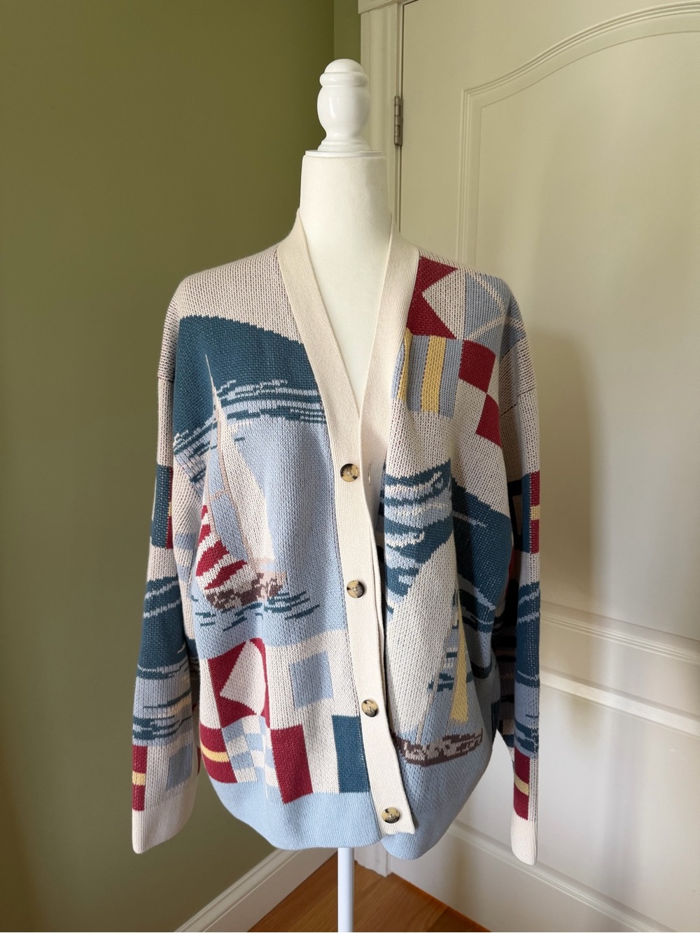 Abercrombie & Fitch Nautical Sailboat Pattern Cardigan - Blue, Cream, Red